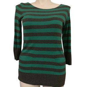 Loft | Green + Heather Gray 3/4 Sleeve Striped Blouse with Tie Back | Sz M